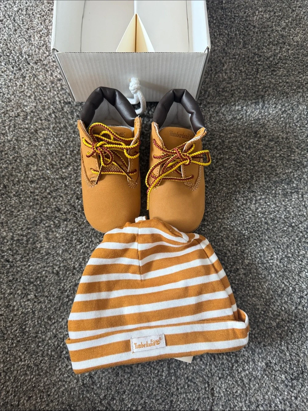 Timberland Kids Wheat Tan and Brown Booties with Striped Wheat Tan & White Hat